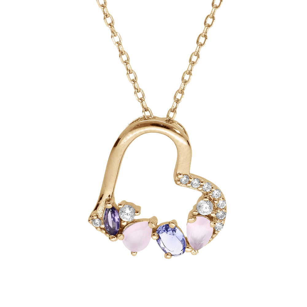 Collier en plaqu� or cha�ne avec pendentif coeur oxydes blancs et pastels 40+5cm - Vue 1