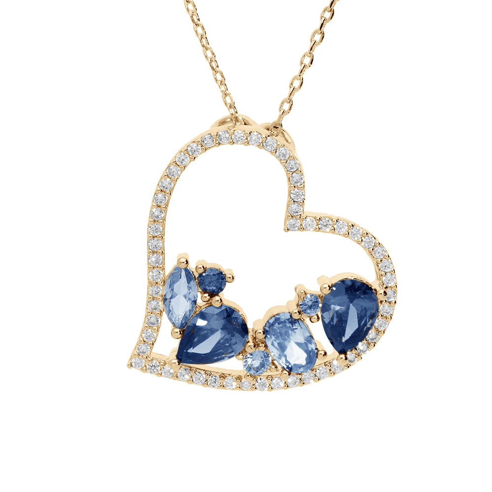 Collier en plaqu� or cha�ne avec pendentif coeur oxydes bleus contour oxydes blancs 40+5cm - Vue 1