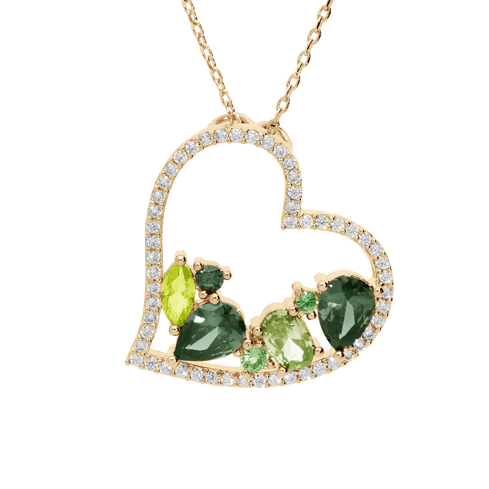 Collier en plaqu� or cha�ne avec pendentif coeur oxydes verts contour oxydes blancs 40+5cm - Vue 1