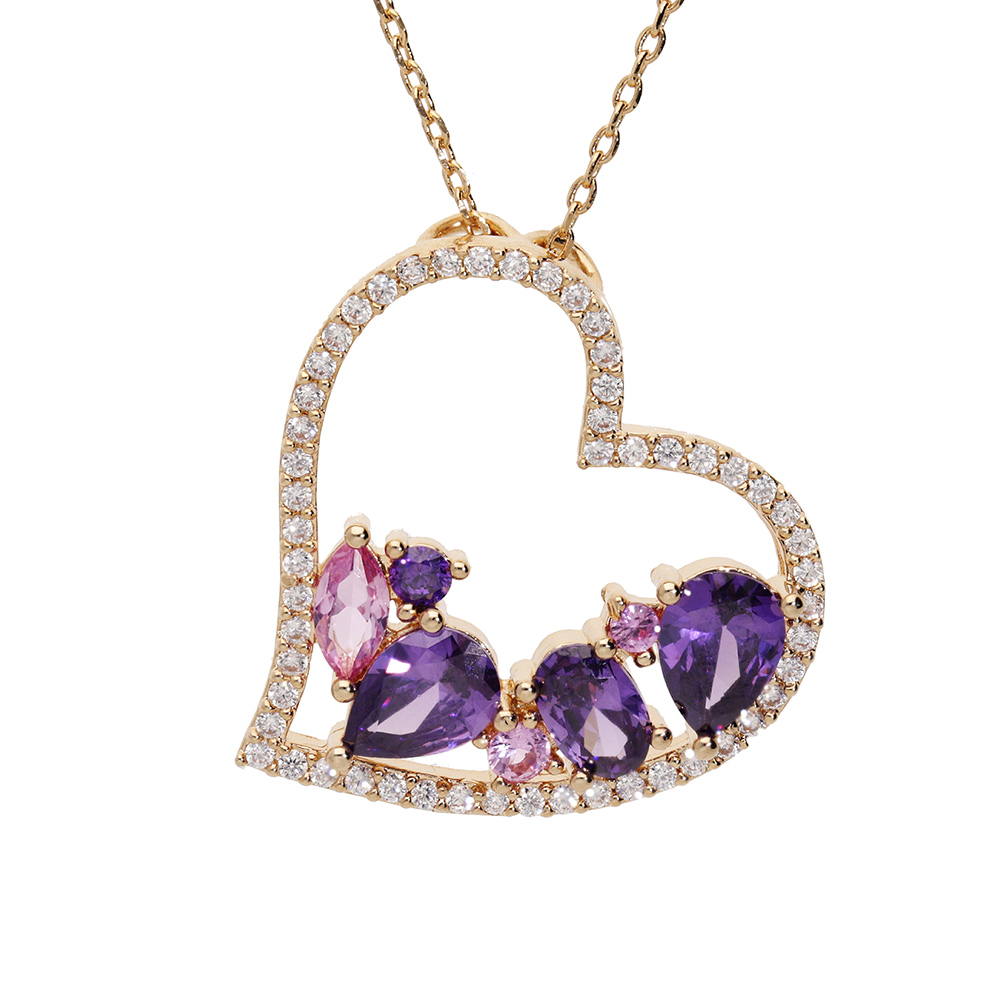 Collier en plaqu� or cha�ne avec pendentif coeur oxydes violets et roses contour oxydes blancs 40+5cm - Vue 1