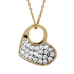 Collier en plaqué or chaîne avec pendentif coeur pavé d\'oxydes blancs avec rond ajouré - longueur 37cm + 4cm de rallonge - Vue 1