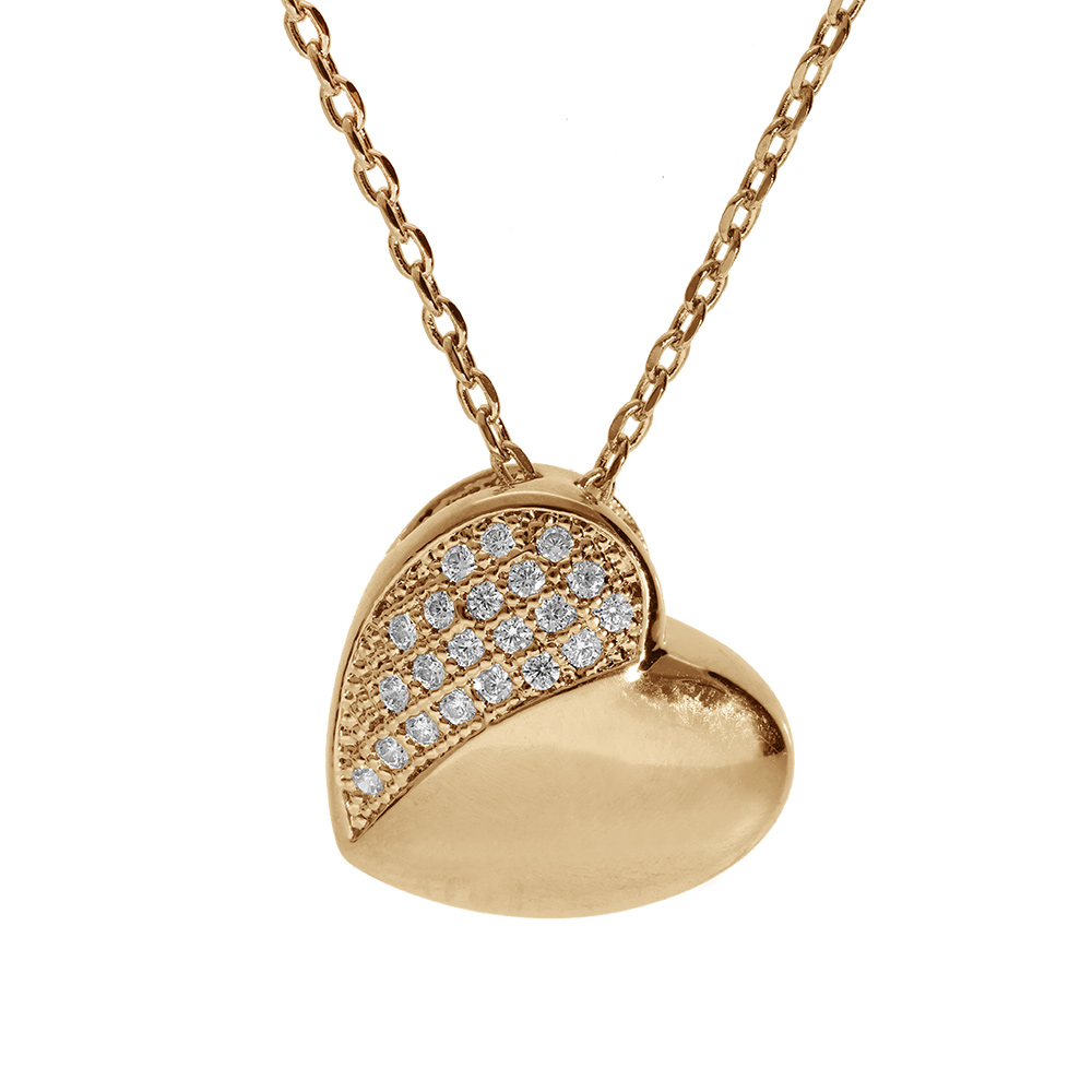 Collier en plaqu� or cha�ne avec pendentif coeuravec 1/2 pav� oxydes blancs 40+5cm - Vue 1