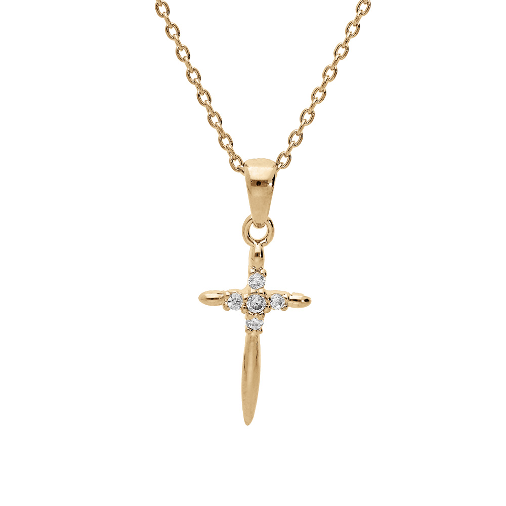 Collier en plaqu� or cha�ne avec pendentif croix avec oxydes blancs sertis 40+5cm - Vue 1