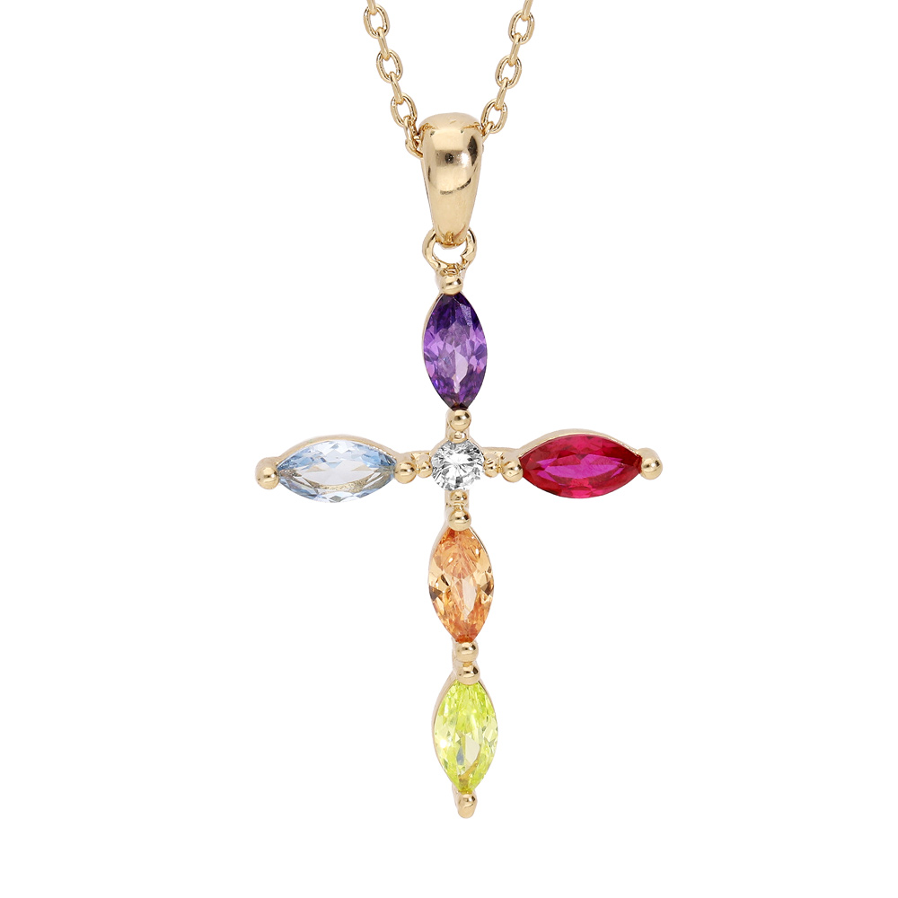 Collier en plaqu� or cha�ne avec pendentif croix empierr� 40+5cm - Vue 1