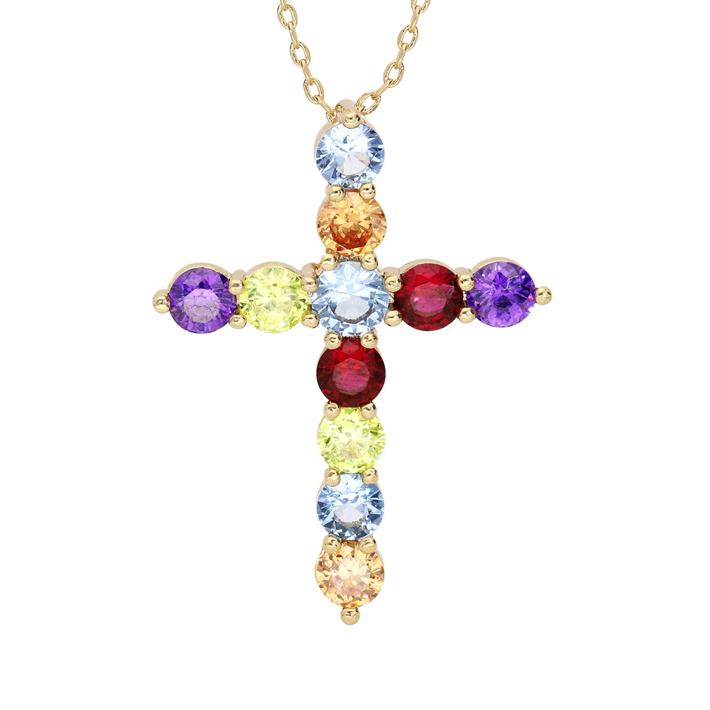 Collier en plaqu� or cha�ne avec pendentif croix empierr� rond multicolore 40+5cm - Vue 1