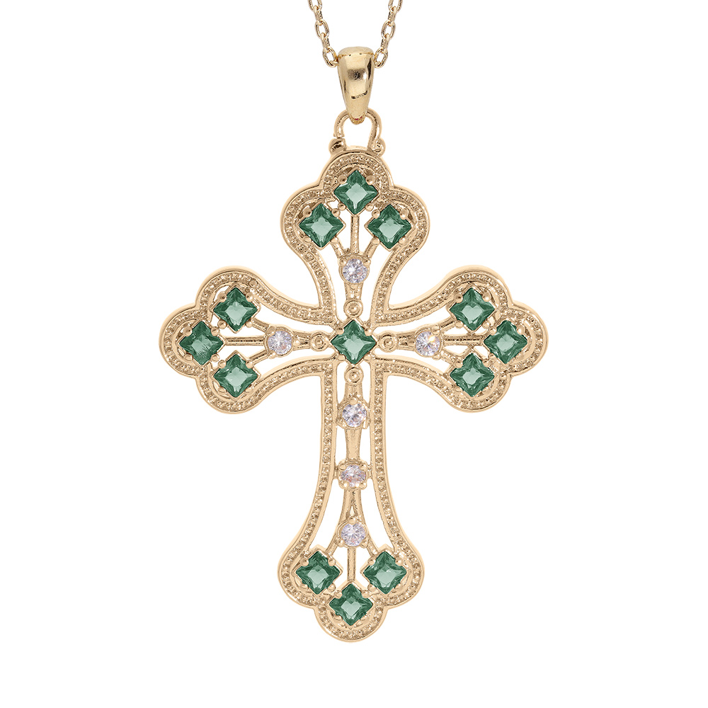 Collier en plaqu� or cha�ne avec pendentif croix empierr�e d\'oxydes verts fonc�s 40+5cm - Vue 1