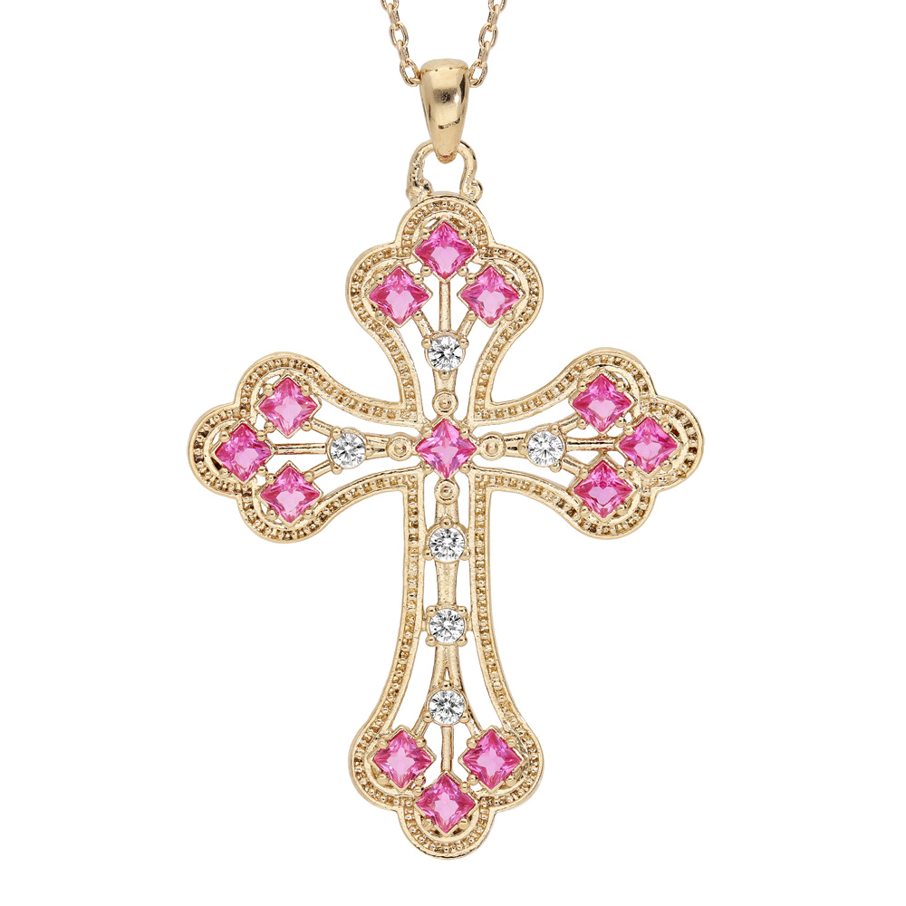 Collier en plaqu� or cha�ne avec pendentif croix empierr�e rose 40+5cm - Vue 1