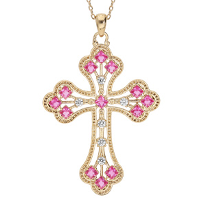 Collier en plaqu or chane avec pendentif croix empierre rose 40+5cm - Vue 1