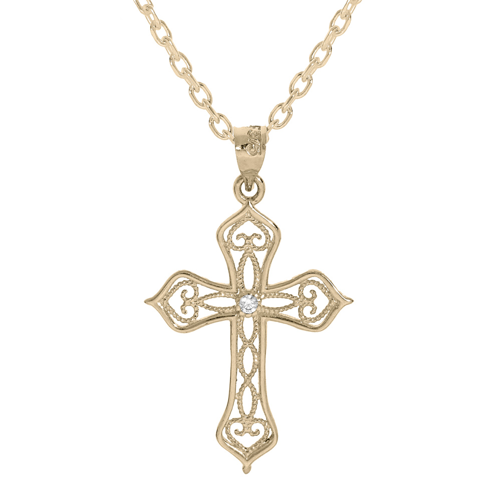 Collier en plaqu� or cha�ne avec pendentif croix filigrane oxyde blanc 40+5cm - Vue 1