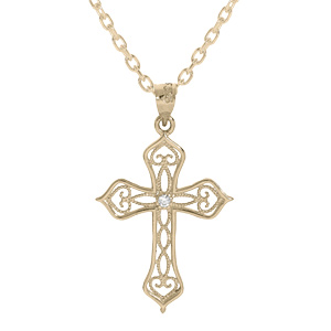 Collier en plaqu or chane avec pendentif croix filigrane oxyde blanc 40+5cm - Vue 1