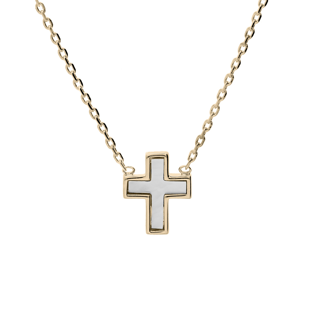 Collier en plaqu� or cha�ne avec pendentif croix Nacre blanche 38+4cm - Vue 1