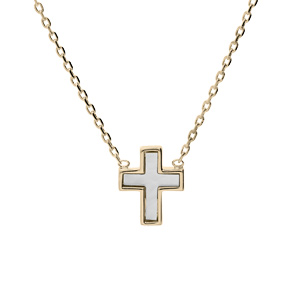 Collier en plaqu or chane avec pendentif croix Nacre blanche 38+4cm - Vue 1