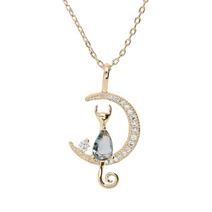 Collier en plaqu or chane avec pendentif demi lune et chat oxyde bleu 40+5cm - Vue 1