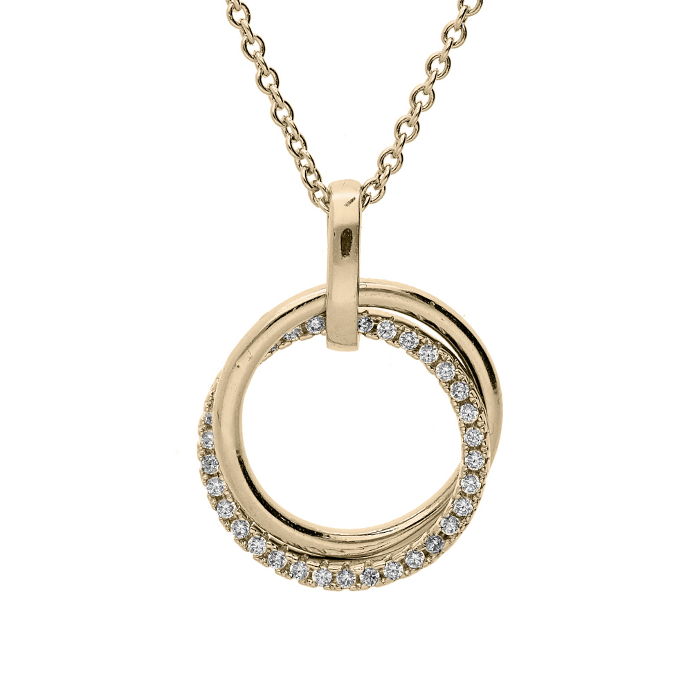 Collier en plaqu� or cha�ne avec pendentif double cercle lisse et scintillant oxydes blancs sertis 40+4cm - Vue 1