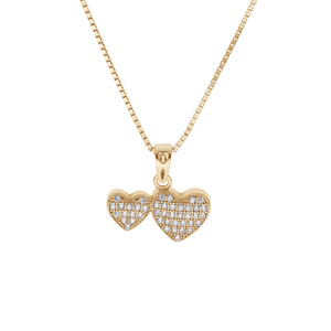 Collier en plaqu or chane avec pendentif double coeur et oxydes blancs sertis 40+5cm - Vue 1