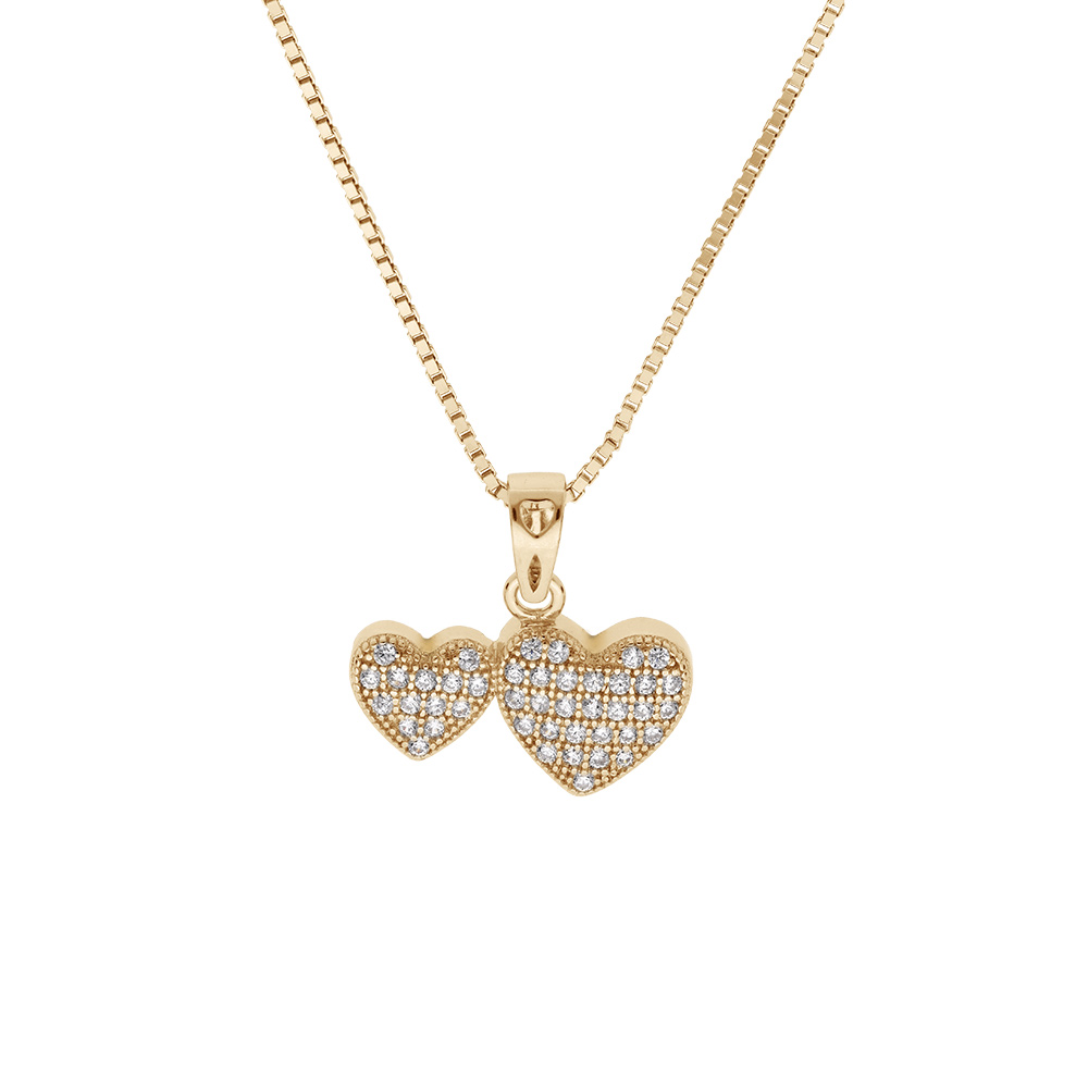 Collier en plaqu� or cha�ne avec pendentif double coeur et oxydes blancs sertis 40+5cm, b�li�re coeur - Vue 1