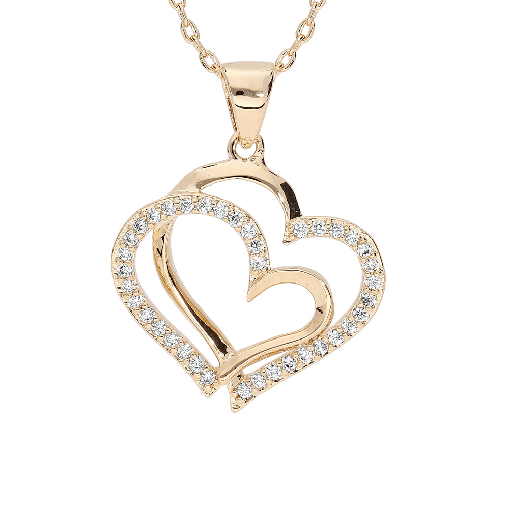 Collier en plaqu� or cha�ne avec pendentif double coeur oxydes blancs sertis 40+5cm - Vue 1