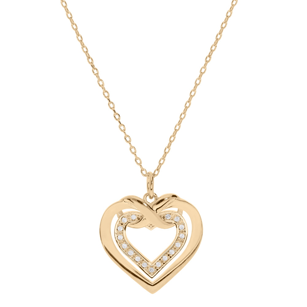 Collier en plaqu� or cha�ne avec pendentif double coeur oxydes blancs sertis 42+3cm - Vue 1