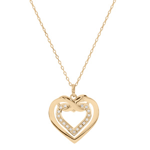 Collier en plaqu or chane avec pendentif double coeur oxydes blancs sertis 42+3cm - Vue 1