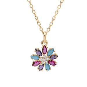 Collier en plaqu or chane avec pendentif fleur oxydes multi couleurs 42+3cm - Vue 1