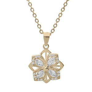 Collier en plaqu or chane avec pendentif fleur (qui tourne) et oxydes blancs sertis 40+3cm - Vue 1