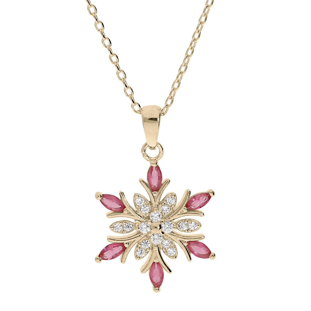 Collier en plaqu� or cha�ne avec pendentif flocon de neige oxydes blancs et roses 42+3cm - Vue 1