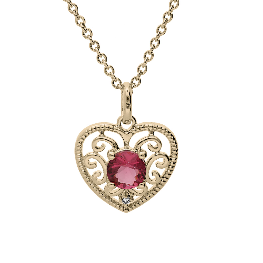 Collier en plaqu� or cha�ne avec pendentif forme coeur ajour�e oxyde fushia 40+4cm - Vue 1