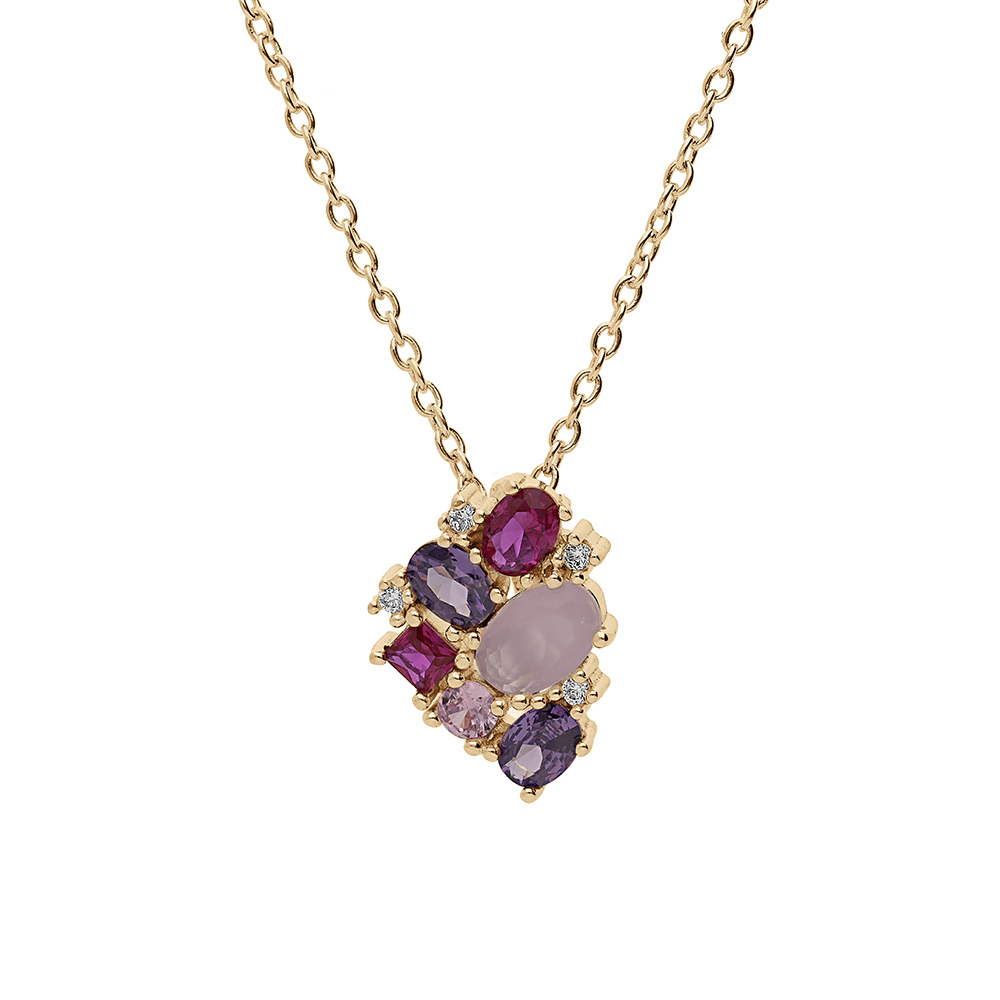 Collier en plaqu� or cha�ne avec pendentif g�om�trie oxydes roses et violets 42+3cm - Vue 1