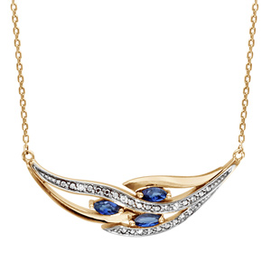 Collier en plaqu or chane avec pendentif grappe avec 3 navettes en oxydes bleus et rails d\'oxydes blancs sertis - longueur 42cm + 3cm de rallonge - Vue 1