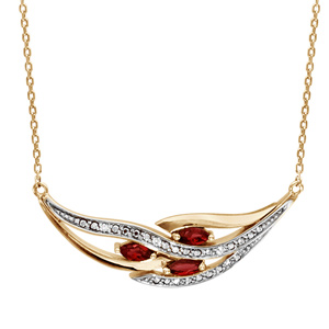 Collier en plaqu or chane avec pendentif grappe avec 3 navettes en oxydes rouges et rails d\'oxydes blancs sertis - longueur 42cm + 3cm de rallonge - Vue 1