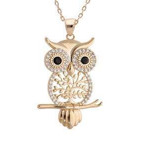 Collier en plaqu or chane avec pendentif hibou ou chouette motif arbre de vie et oxydes sertis blancs et yeux noirs 39+4cm - Vue 1