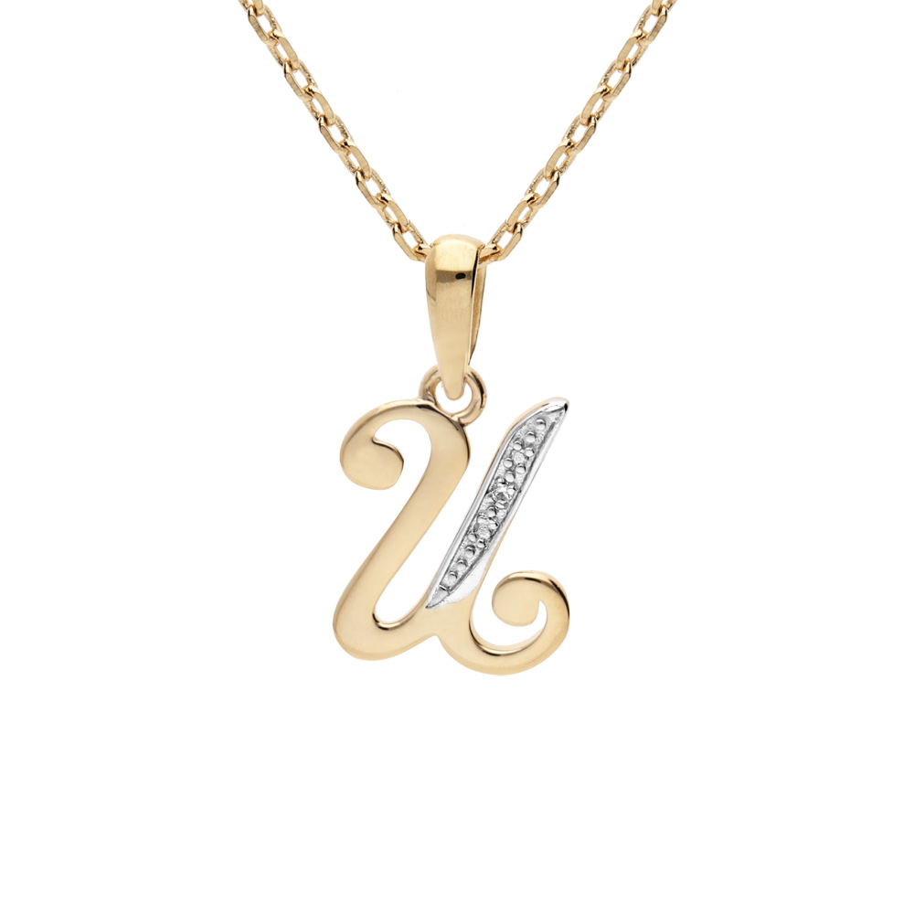 Collier en plaqu� or cha�ne avec pendentif initiale U oxydes blancs sertis 42+3cm - Vue 1