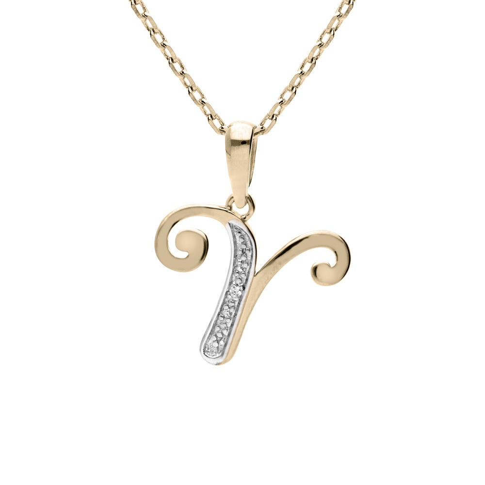 Collier en plaqu� or cha�ne avec pendentif initiale V oxydes blancs sertis 42+3cm - Vue 1