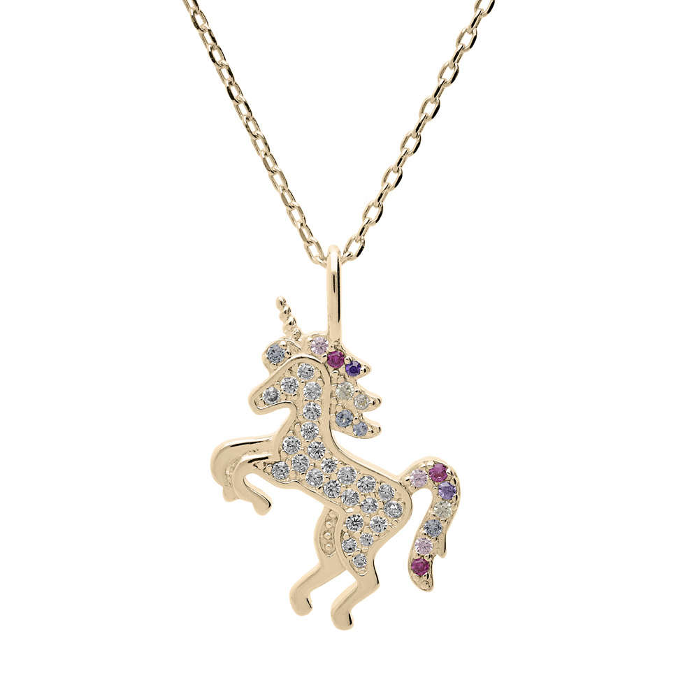 Collier en plaqu� or cha�ne avec pendentif licorne oxydes multi couleurs sertis 38+5cm - Vue 1