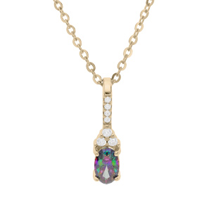 Collier en plaqu or chane avec pendentif long oxyde arc en ciel mystique contour oxydes blancs sertis 42+3cm - Vue 1