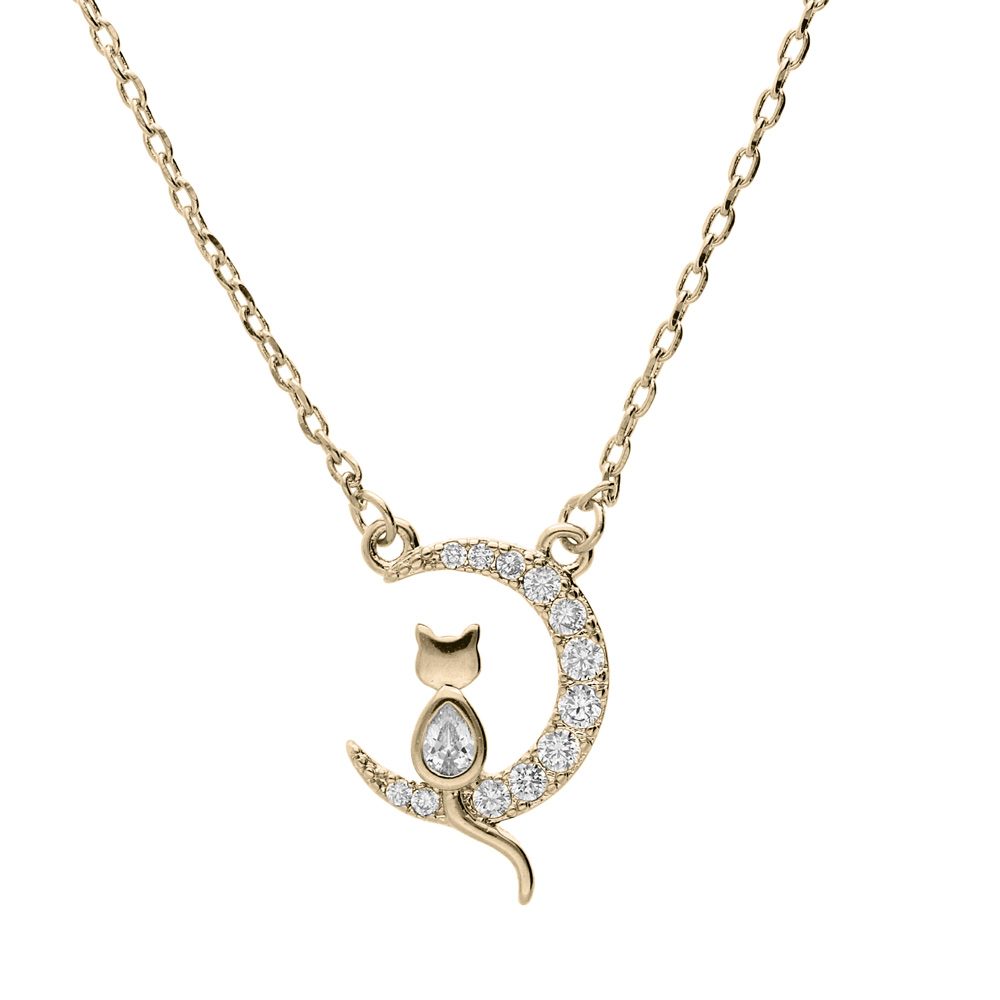 Collier en plaqu� or cha�ne avec pendentif lune 10mm avec chat oxydes blancs sertis 40+4,5cm - Vue 1