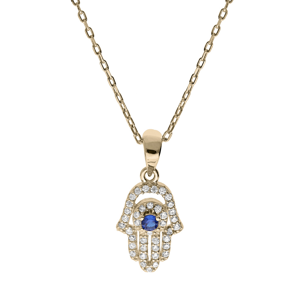 Collier en plaqu� or cha�ne avec pendentif main de Fatma pav�e d\'oxydes blancs et bleu 35+5cm - Vue 1