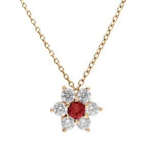 Collier en plaqu or chane avec pendentif marguerite oxydes centre rouge fonc et contour blancs sertis 40+5cm - Vue 1