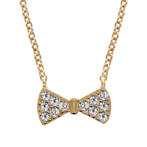 Collier en plaqué or chaîne avec pendentif noeud papillon orné d\'oxydes blancs sertis - longueur 40cm + 4cm de rallonge - Vue 1