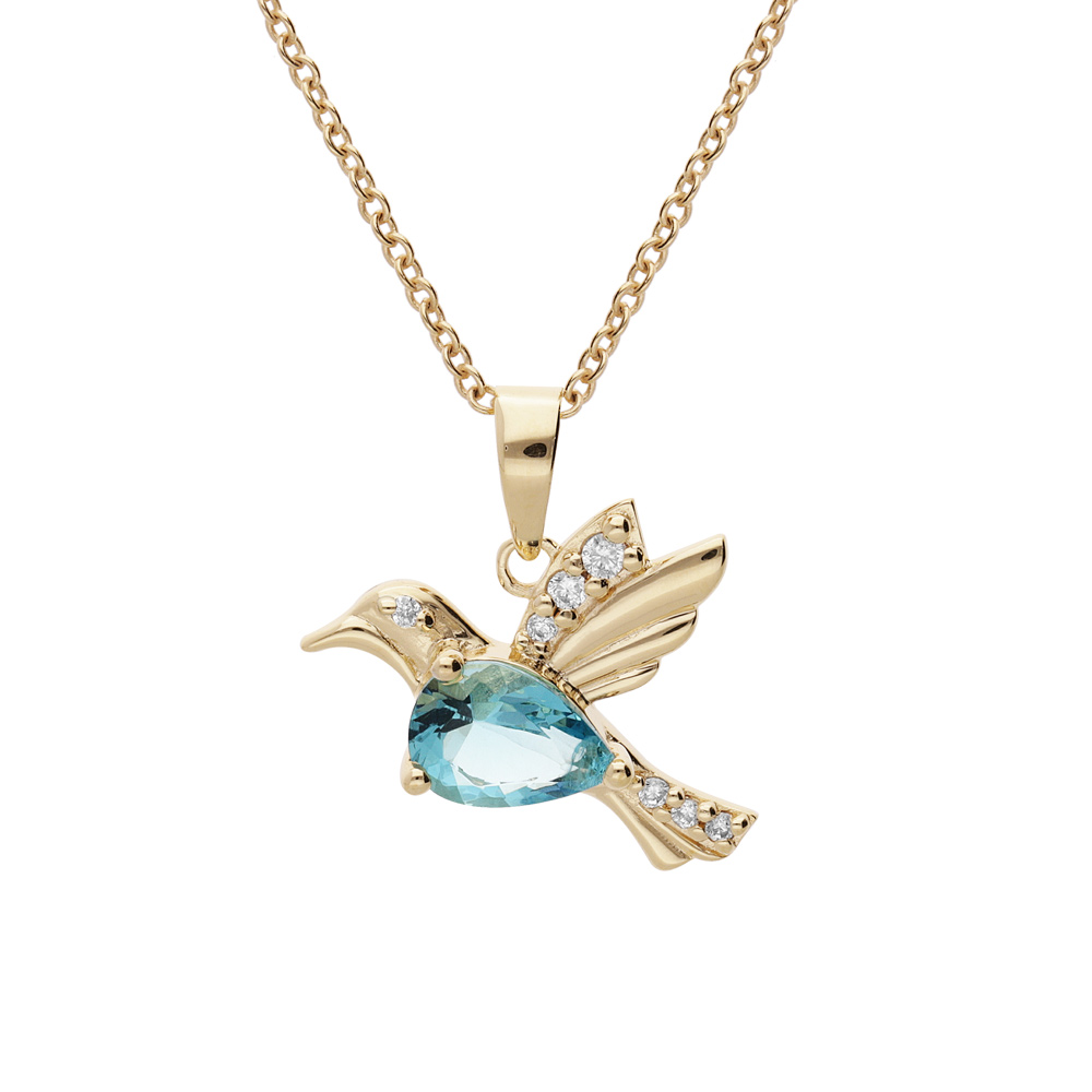 Collier en plaqu� or cha�ne avec pendentif oiseau oxyde bleu 42+3cm - Vue 1