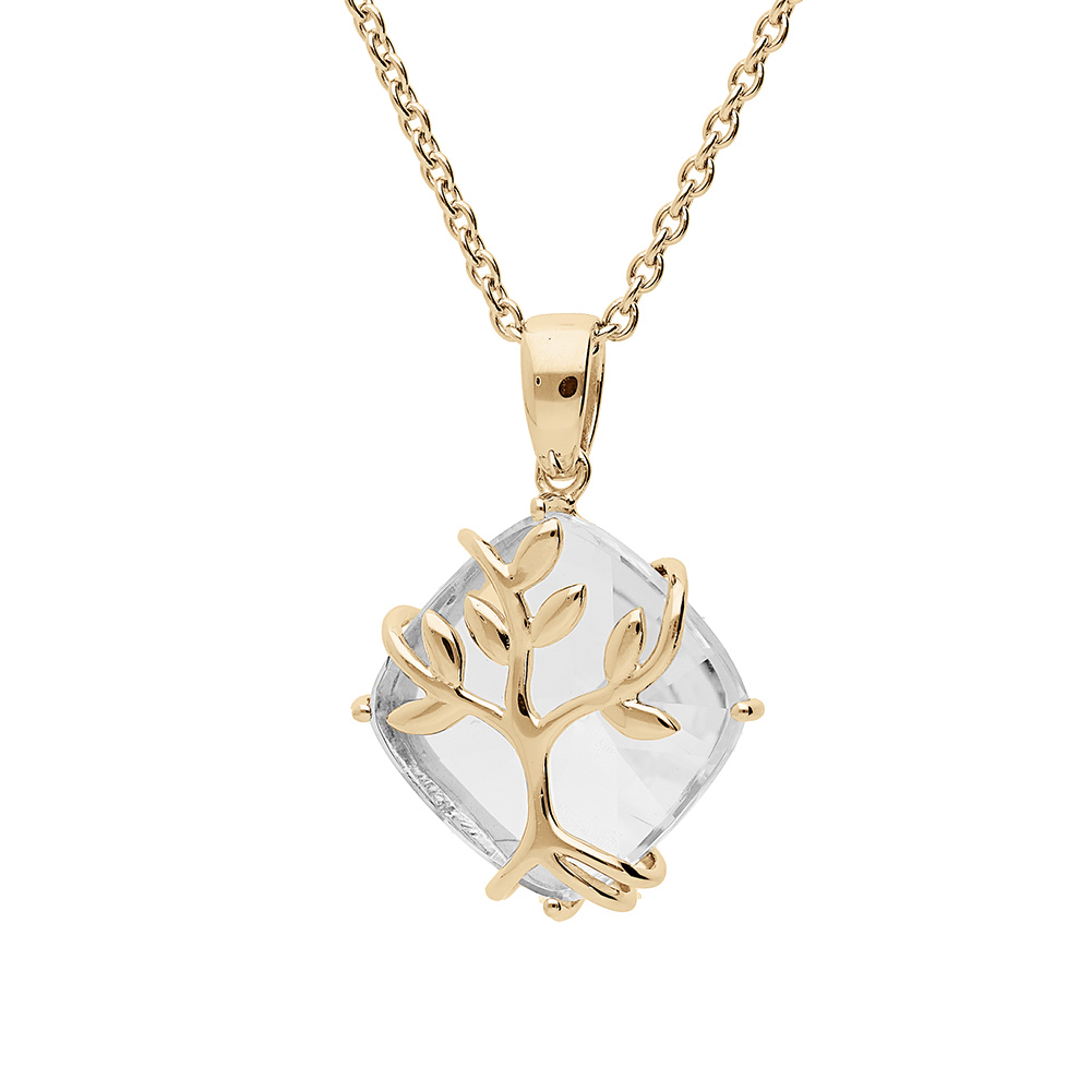 Collier en plaqu� or cha�ne avec pendentif oxyde blanc motif arbre de vie 42+3cm - Vue 1