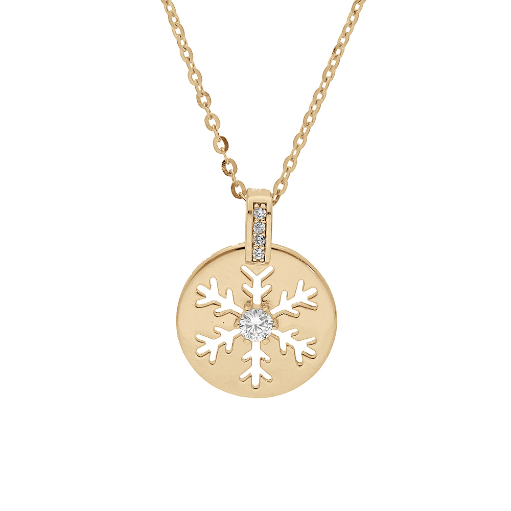 Collier en plaqu� or cha�ne avec pendentif oxyde rondelle flocon de neige ajour� 39+4cm - Vue 1