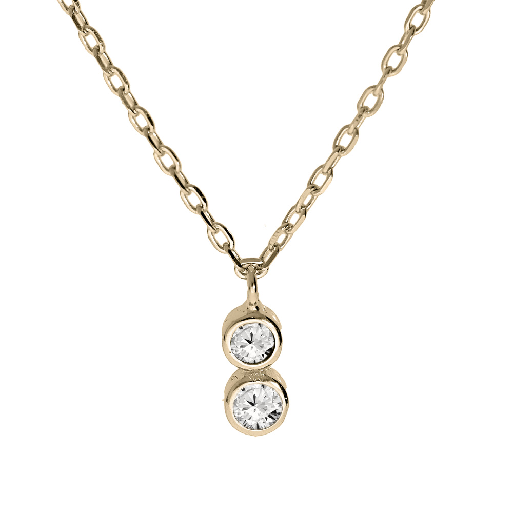 Collier en plaqu� or cha�ne avec pendentif 2 oxydes blancs sertis clos 40+3cm - Vue 1