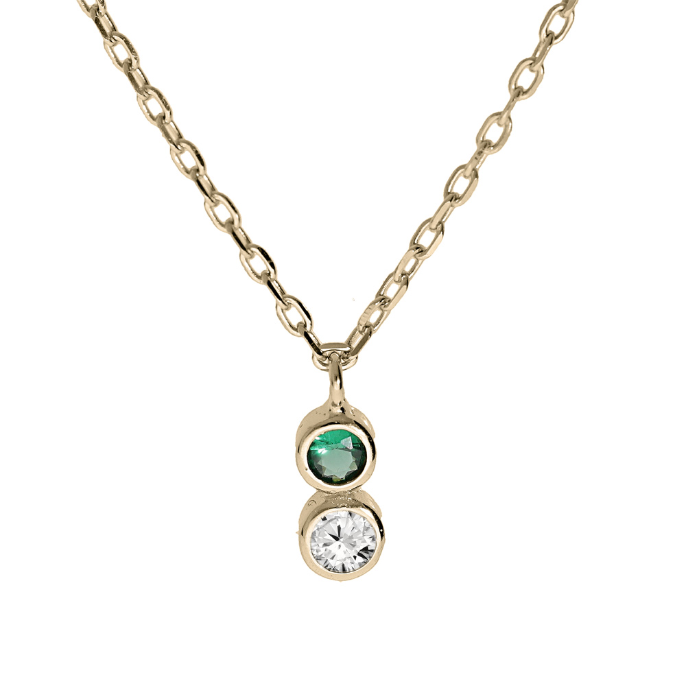 Collier en plaqu� or cha�ne avec pendentif 2 oxydes vert et blanc sertis clos 40+4cm - Vue 1