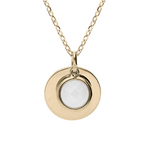 Collier en plaqu or chane avec pendentif pastille martele et pierre facete blanche opaque 40+4cm - Vue 1