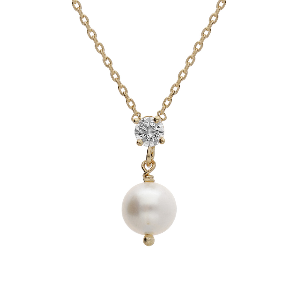 Collier en plaqu� or cha�ne avec pendentif Perle de culture d\'eau douce et oxyde blanc 38+4cm - Vue 1