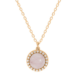 Collier en plaqu or chane avec pendentif pierre Quartz rose naturelle et contour oxydes blancs sertis 42+3cm - Vue 1