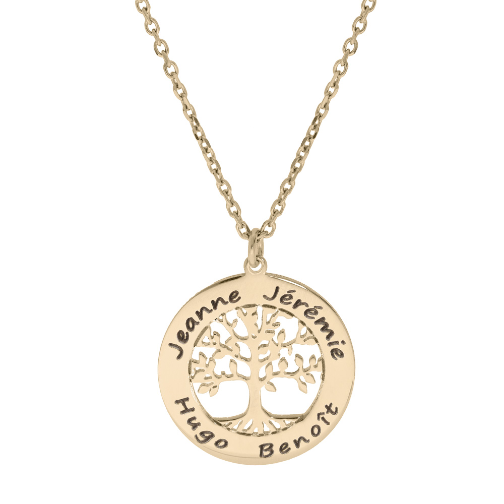 Collier en plaqu� or cha�ne avec pendentif pr�noms � graver petit arbre de vie 20mm 38+5cm - Vue 1