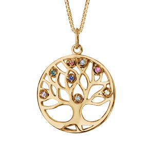 Collier en plaqu or chane avec pendentif rond arbre de vie pierres multi couleurs 42+3cm - Vue 1