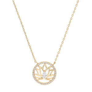 Collier en plaqu or chane avec pendentif rond cercl d\'oxydes blancs sertis et fleur de lotus 39+4cm - Vue 1